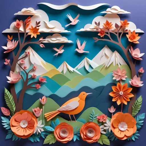 Prompt: A fantasy scene with birds, mountains, flowers, clouds in paper art form.