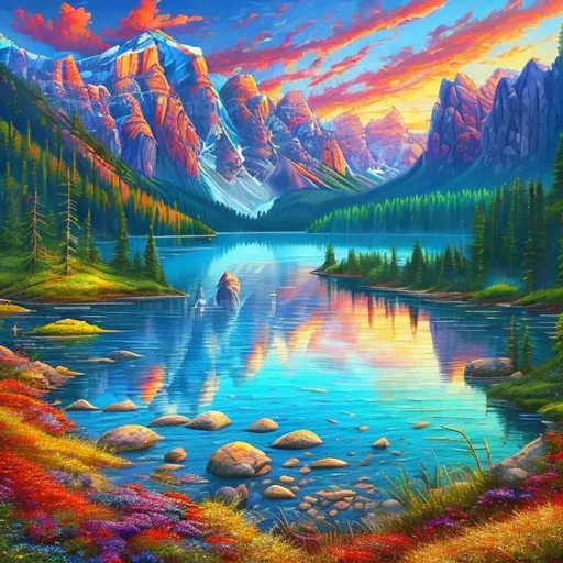 Prompt: Stunning natural landscape, vibrant colors, majestic mountains, serene lake, lush greenery, high definition, realistic painting, vivid details, professional, vibrant, scenic, high quality, realistic, colorful, breathtaking scenery, serene atmosphere, natural beauty, picturesque, professional painting