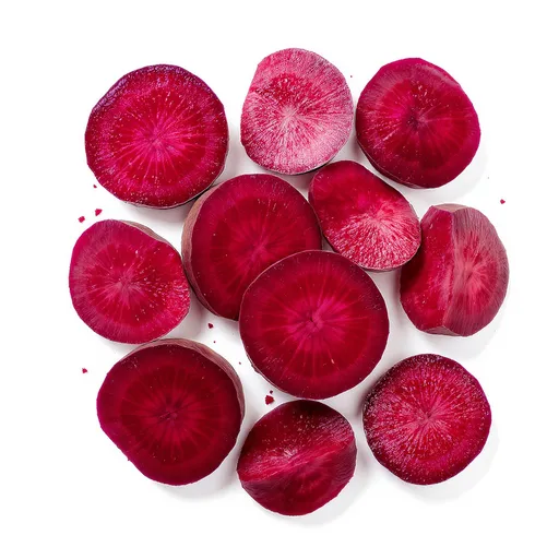 Prompt: reate a realistic top-view image of several fresh beets sliced in half, their red cross-sections clearly visible. The slices should be scattered naturally on the ground, looking fresh, juicy, and appetizing. The image should feel clean and vibrant, suitable for a beet juice advertisement. Transparent background. make it transparant backgroud. and png file please 