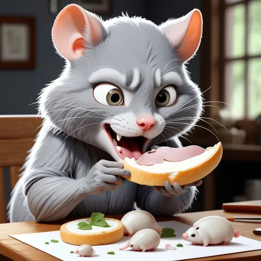Prompt: Draw a gray cat eating a white rat 