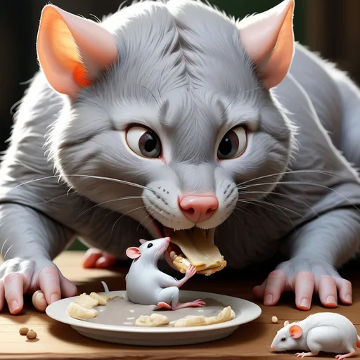 Prompt: Draw a gray cat eating a white rat 