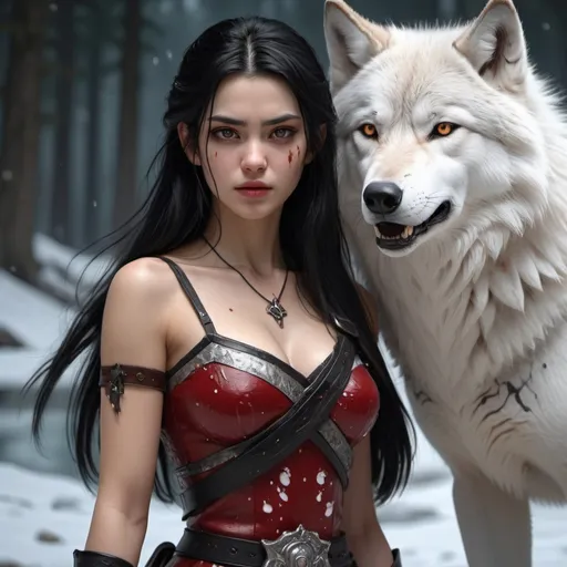 Prompt: HD 4k, 3D, hyper-realistic, In the blood lake, a handsome black-haired beauty with medium to long hair, a flat chest, with a snow wolf beside her, holding a short sword in her hand, very aura, with blood drops on her face in cartoon, only head exposed

