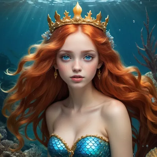 Prompt: A mermaid, her hair is golden red, with a golden crown on her head, and her tail is golden and blue. She is very dreamy. Under the water, she drops a drop of pearl tears. Her light blue eyes are very deep and very long. pretty, show her full body
