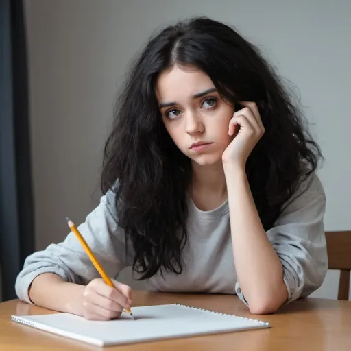 Prompt: A beautiful melancholy girl with frizzy, black hair holds a pencil in her hand and is thinking about something
