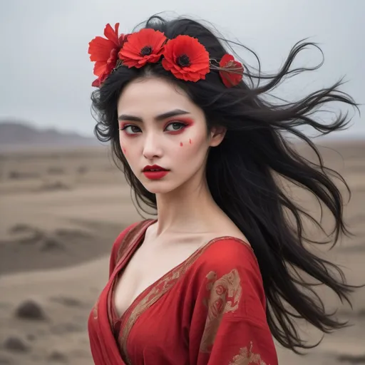 Prompt: An ancient woman, dressed in red, with loose black hair blown by the wind, and a red flower-like mark on her forehead, danced on a wasteland. She had exquisite facial features, thick eyebrows, big eyes, and a tall head. nose bridge, bright red lips
