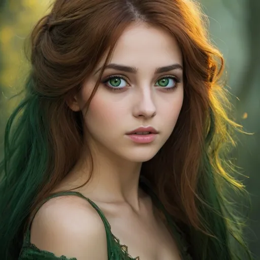 Prompt: A beauty, her hair is golden, dark, green. She is very dreamy. Her eyes were red and intense. 
