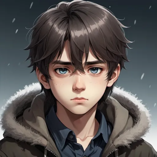 Prompt: A boy with cold eyes, a ruthless appearance, and medium-long hair. He is cute but also has a cold temperament.
