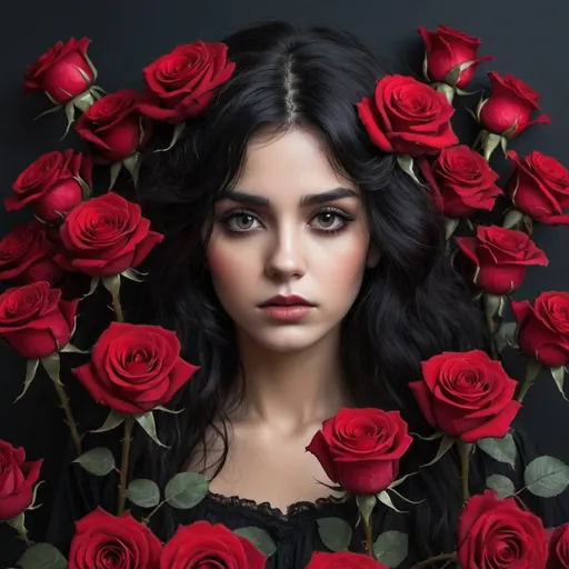 Prompt: A beautiful melancholic beauty with frizzy black hair surrounded by red and black roses
