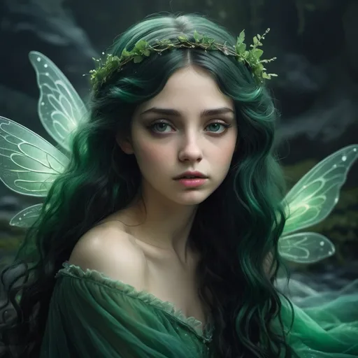 Prompt: Beautiful fairy princess with green-black waves, radiant and ethereal, melancholic style, 
A girl who is so troubled that she is dying
