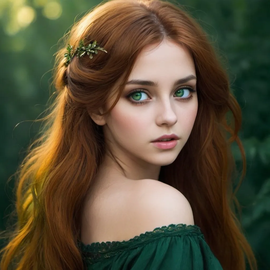 Prompt: A beauty, her hair is golden, dark, green. She is very dreamy. Her eyes were red and intense. 
