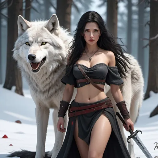 Prompt: HD 4k, 3D, hyper-realistic, In the wilderness, a handsome black-haired beauty with medium to long hair, a flat chest, with a snow wolf beside her, holding a short sword in her hand, very aura, with blood drops on her face in cartoon
