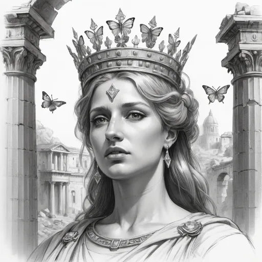 Prompt: pencil-sketch of a ruin of a Roman temple, a queen, wearing a crystal crown, with a high bridge of nose, majestic appearance, butterflies flying around her, and a very cold expression
