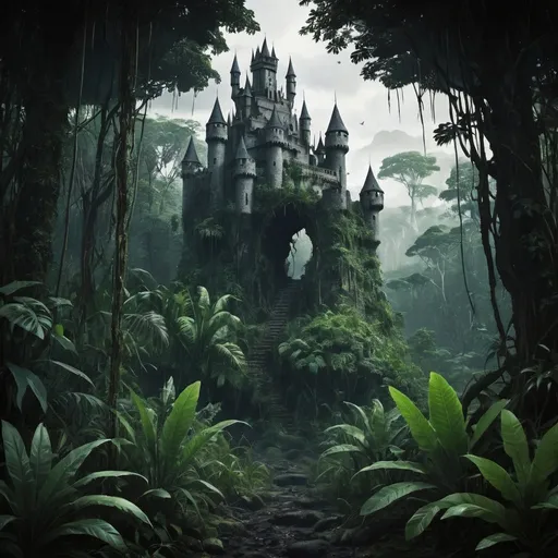 Prompt: dark jungle forest with castle
