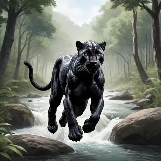 Prompt: a black panther walking in a forrest a side a river, looking forward, jumping over a river. realistic
