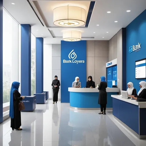 Prompt: A bank counter with  some customers  and a space with a dominant blue color,bank employers wearing hijab 