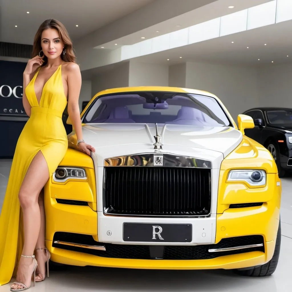 Prompt: MAKE Rolls-Royce IN YELLOW COLOR WITH A BEAUTIFUL LADY