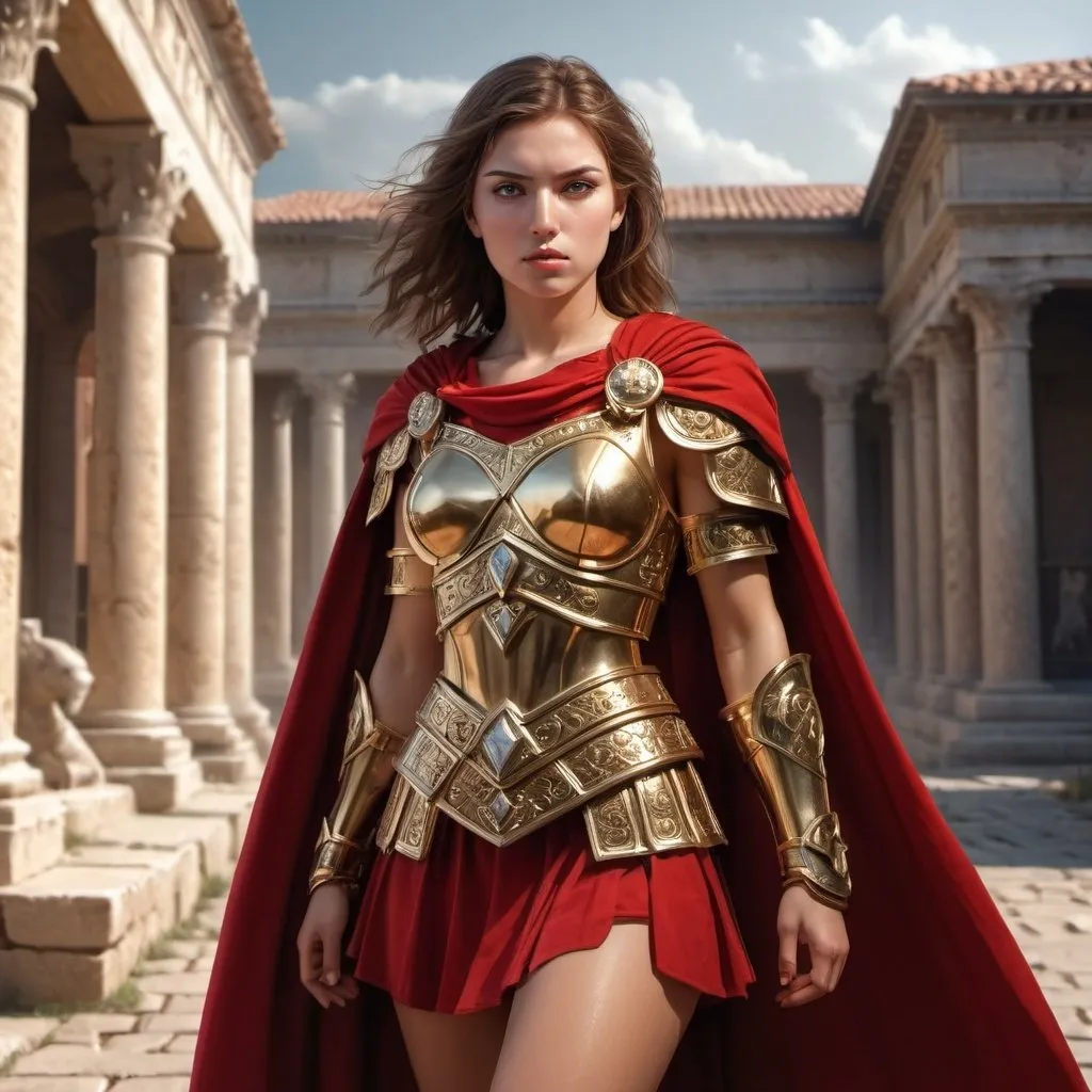 Prompt: Beautiful girl warrior in photorealistic fantasy style, ancient Roman setting, golden armor with diamond inlays on chest and legs, short red skirt, red cloak, intricate details, historical fantasy, ancient city background, photorealism, fantasy, ancient Roman, golden armor, diamond inlays, warrior, red skirt, red cloak, detailed, historical style, powerful stance, professional lighting