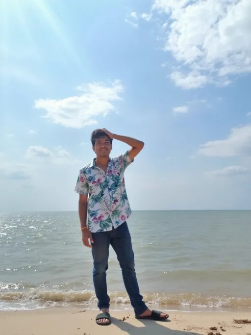 Prompt: Basking under a bright sky streaked with fluffy clouds, a young man stands confidently on the shore, framed by the vast expanse of the sea behind him. He is dressed in a casual short-sleeved shirt adorned with a tropical print, paired with dark jeans and slippers, effortlessly blending relaxed style with the coastal ambiance. One arm rests on his forehead, striking a thoughtful pose against the shimmering water and sandy beach that stretches out to meet the horizon. The warm sunlight casts a gentle glow, accentuating the serene yet vibrant atmosphere of a leisurely day by the sea, evoking a sense of tranquility and youthful adventure. The overall feeling is one of ease and connection with nature, inviting viewers to imagine the sounds of the surf and the refreshing sea breeze.