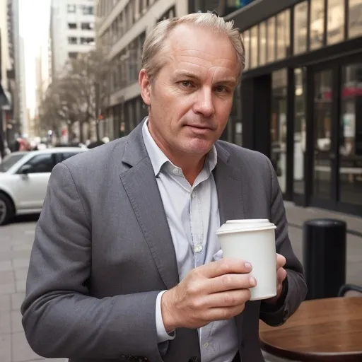 Prompt: Create a number of images of a middle aged white man in a casual suit having coffee in the city.