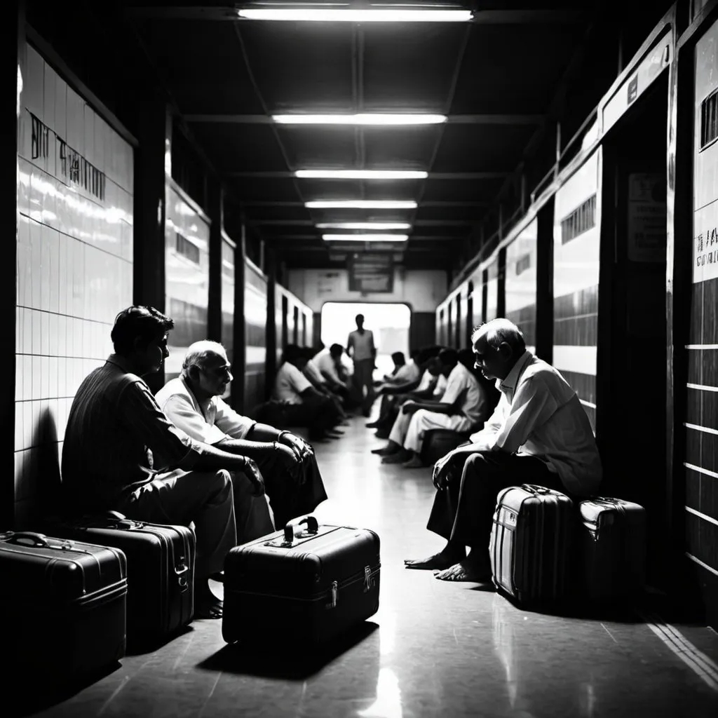 Prompt: dark dim room outline two men India seated conversing railway station luggage
black and white image line art

