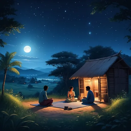 Prompt: two people sitting on the mat in the night outside the hut, a woman in the hut. village night scene