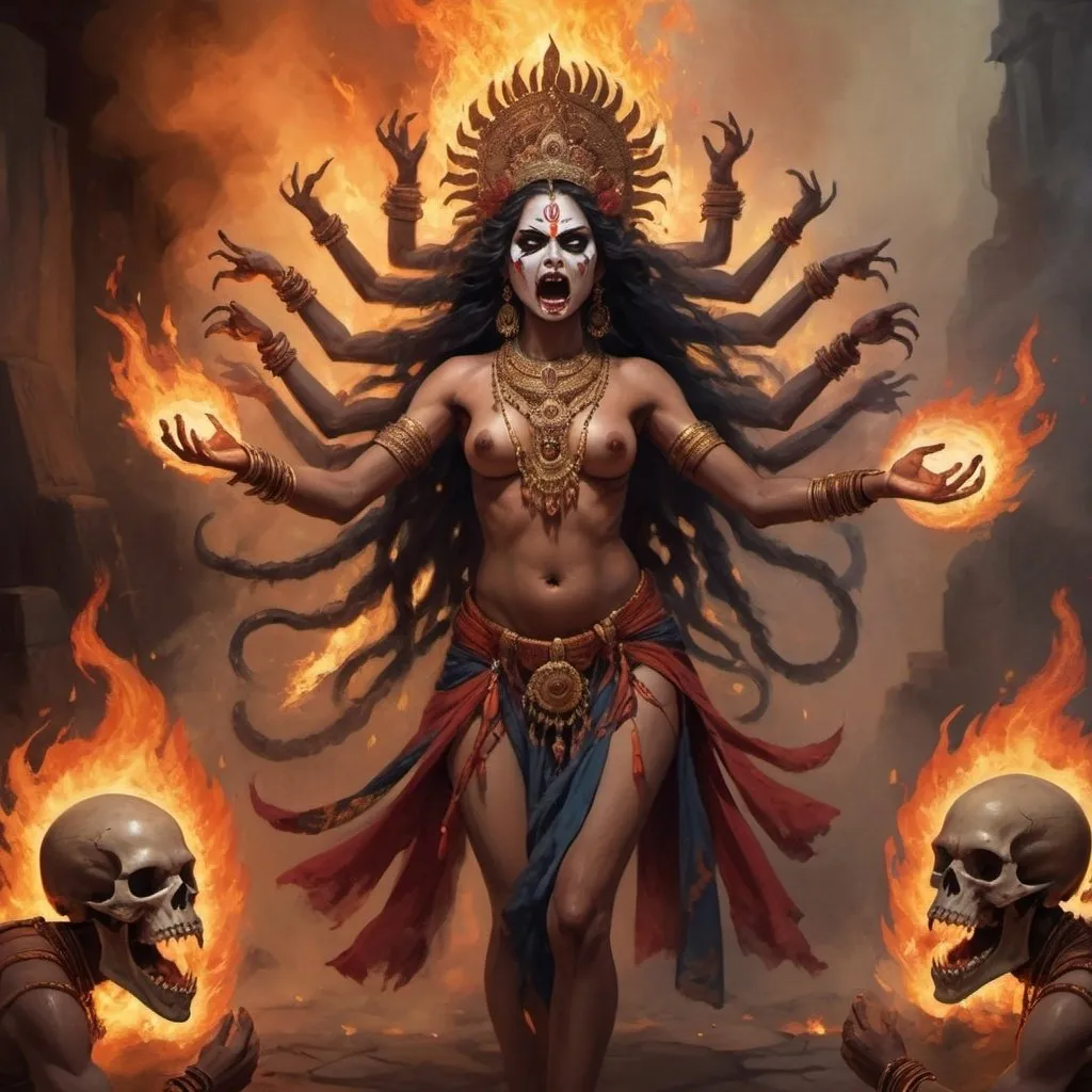 Prompt: Circle of Fire Dance: Ma Kali dances with ferocious grace in a circle of roaring flames. Her multiple arms move in perfect harmony, each holding a weapon or symbol of her power: a skull, a severed head, a bowl of blood, and a shield. Her eyes are wide and piercing, her tongue extended in a primal scream. The firelight casts eerie shadows on her form, highlighting her fierce expression and the intricate patterns on her clothing and jewelry. Sparks fly around her, creating an aura of divine energy.