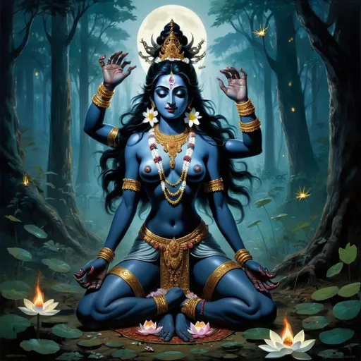 Prompt: In a tranquil forest bathed in moonlight, Ma Kali stands with one foot on the prostrate form of Shiva, her consort, symbolizing the balance between creation and destruction. Her serene face contrasts with her otherwise fierce demeanor. Her arms are adorned with garlands of skulls and severed heads, yet she holds a lotus flower in one hand, signifying purity and rebirth. The forest around her is lush and vibrant, with fireflies illuminating the scene and creating a mystical atmosphere.