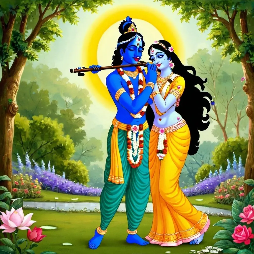 Prompt: Krishna with Radha: Imagine Krishna playing his flute while Radha stands beside him in a beautiful garden.