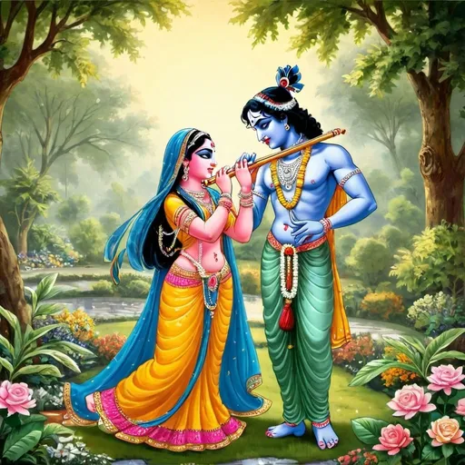 Prompt: Lord Krishna with Radha: Imagine Krishna playing his flute while Radha stands beside him in a beautiful garden.