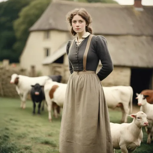 Prompt: old English farm,posing,captured with soft focus and muted colors typical of early film photography