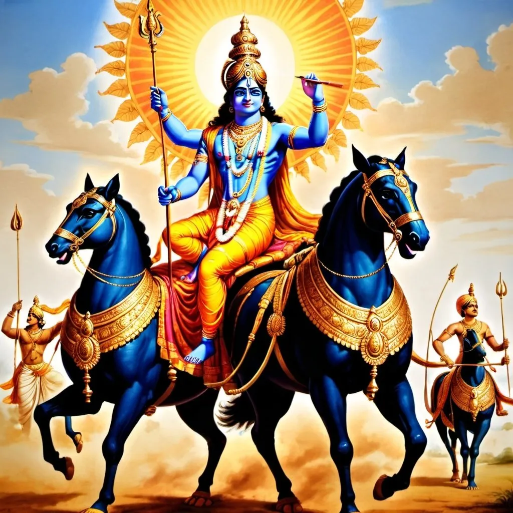 Prompt: Krishna and Arjuna: Depict Krishna as the charioteer for Arjuna, giving the Bhagavad Gita discourse on the battlefield of Kurukshetra.