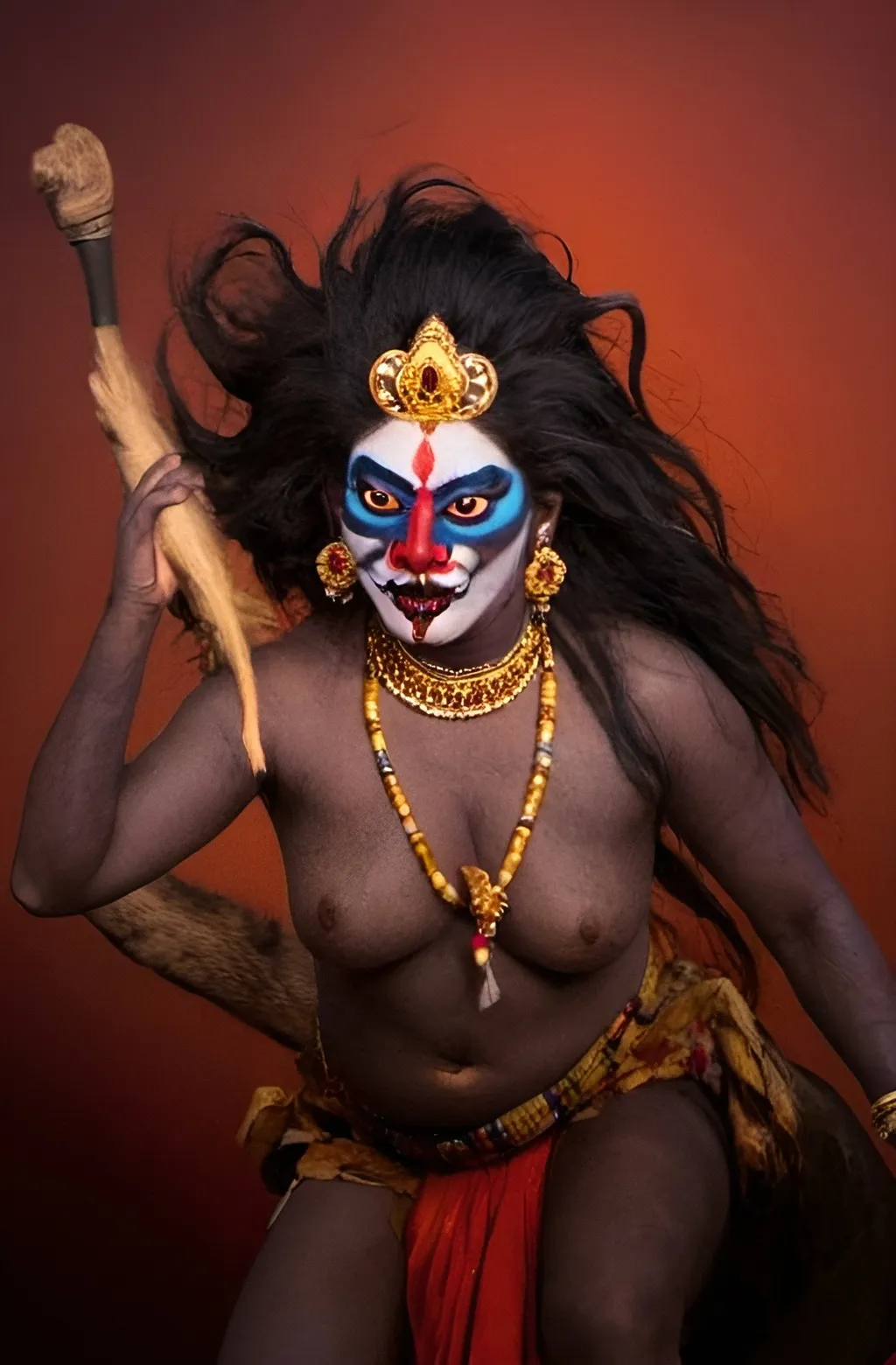 Prompt: Ma Kali riding a lion or tiger, her hair wild and flowing, symbolizing her untamed and fearless nature.