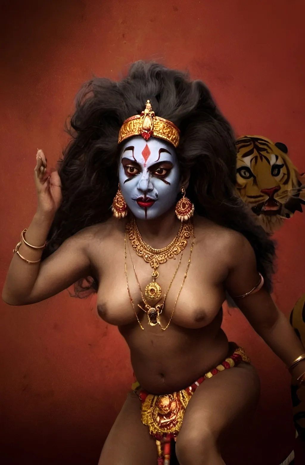 Prompt: Ma Kali riding a lion or tiger, her hair wild and flowing, symbolizing her untamed and fearless nature.