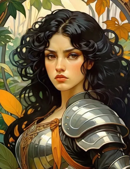 Prompt: young woman, sharp face, long curly black hair, plate armor, amber eyes, irritated, jungle