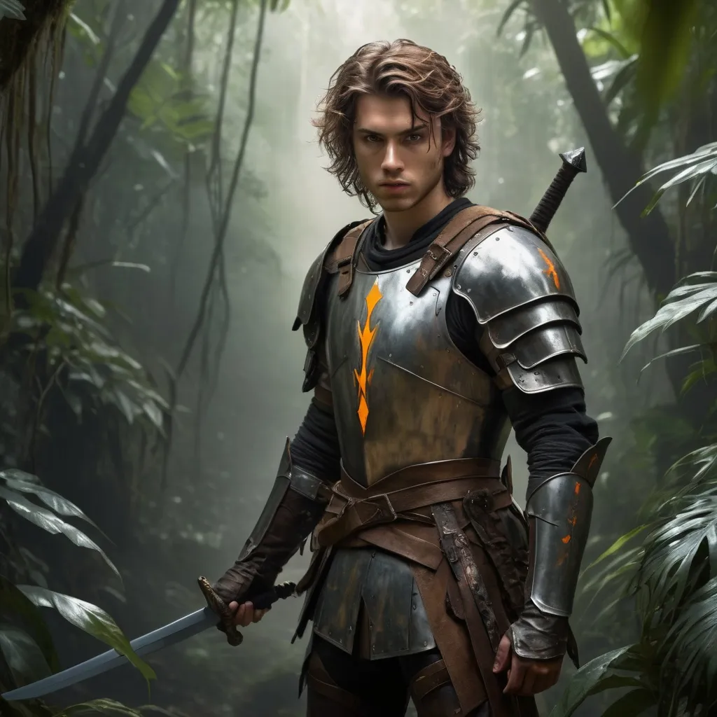 Prompt: A full body portrait young man ((holding a sword on right hand, Longsword)){holding a longsword on his right hand} brown messy hair, orange eyes, glowing eyes, plate armor with runes, stubble, enraged, In the jungle