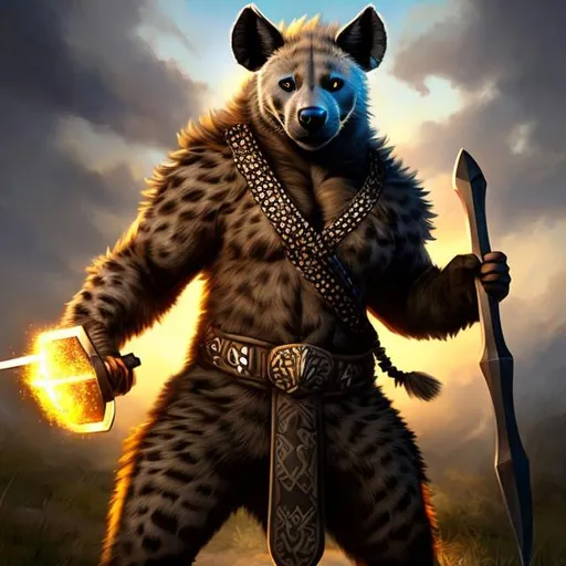 Prompt: Full body portrait of a hyena man hybrid on a fighting stance,((holding an axe on right hand, Obsidian axe)){holding a axe on his left hand, obsidian} holding obsidian axes on both hands, high resolution, hyper realism, castle