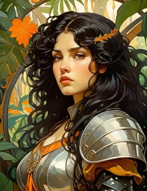 Prompt: young woman, sharp face, long curly black hair, plate armor, amber eyes, irritated, jungle