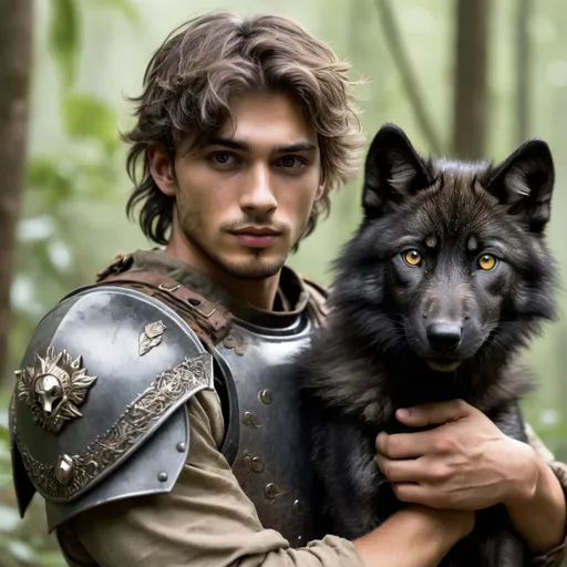 Prompt: young man holding a black wolf pup, brown messy hair, honey eyes, plate armor, clear skin, realistic stubble, , jungle, 