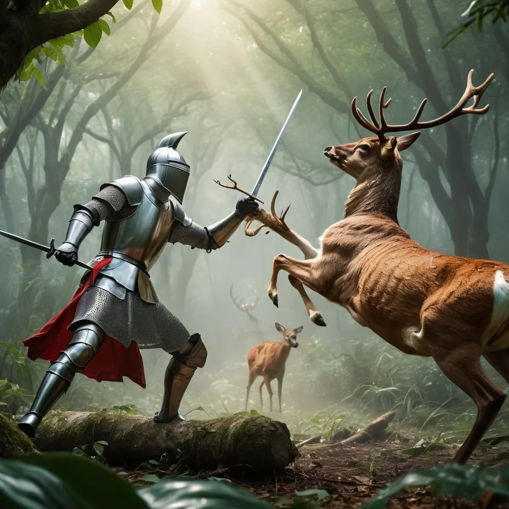 Prompt: a knight fighting deer men in the jungle