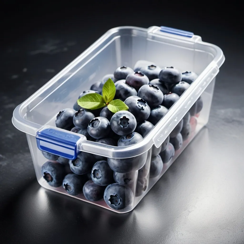 Prompt: Plastic transparent rectangular 1-liter storage container with blueberries for freezing, high resolution, realistic, food photography, transparent, fresh fruit, detailed texture, cool lighting, professional