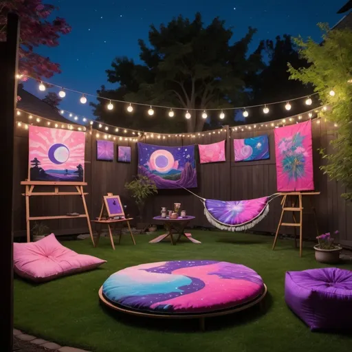 Prompt: 
Backyard scene: grass, trampoline, art easels with psychedelic paintings, aerial rig with silks, Japanese tea table with floor pillows. Nighttime setting: stars, quarter moon, purple and pink lights.