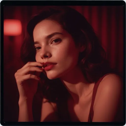 Prompt: polaroid photo of woman,soft dark red lighting,photo realistic, cinematic, The overall tone is dark red. A woman rests one hand on the side of her cheek. The camera zooms in on her fingers and lips. Her face tilted slightly to the right, with her one hand resting against her cheek, teasing and allure. The scene only shows her hand, profile, and lips. With Black wavy cascading long hair.