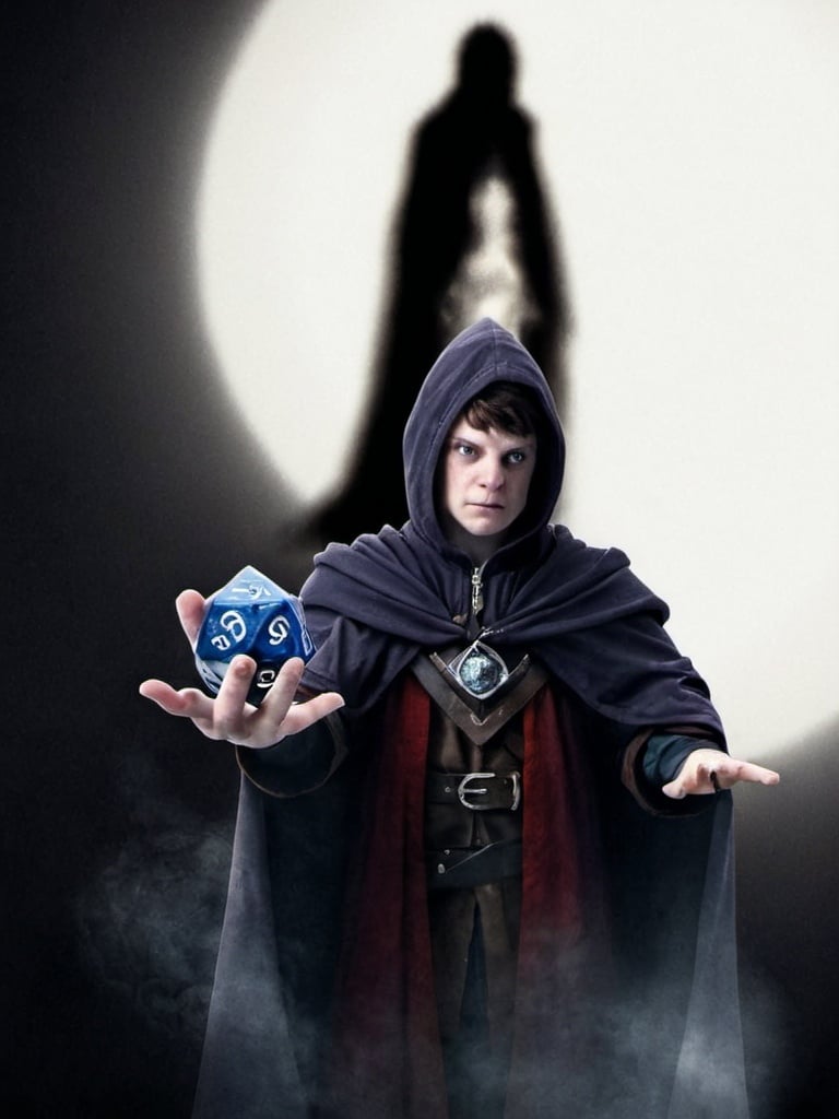 Prompt: a hyperrealistic image of a dungeon master from Dungeons and dragons holding Dungeons and Dragons dice, wearing a cloak.