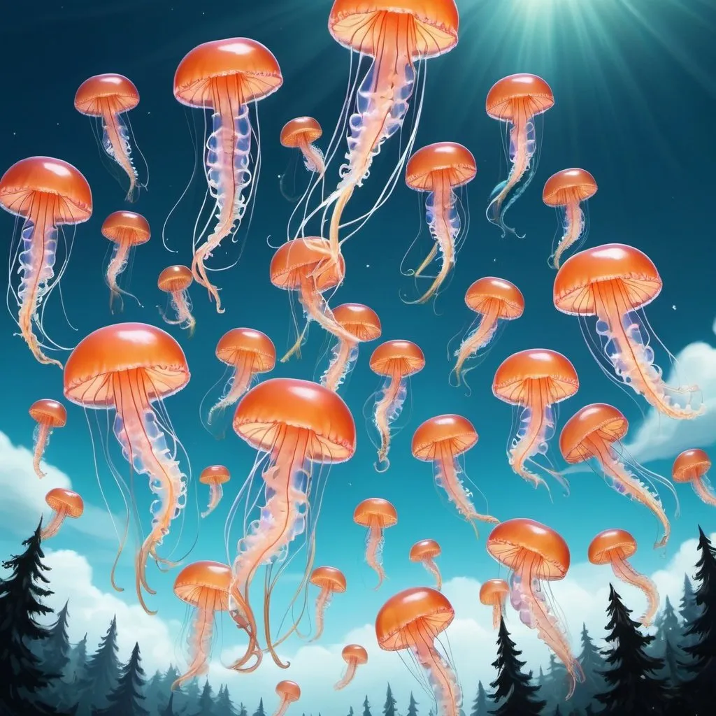 Prompt: forest of jelly fish flying in the sky
