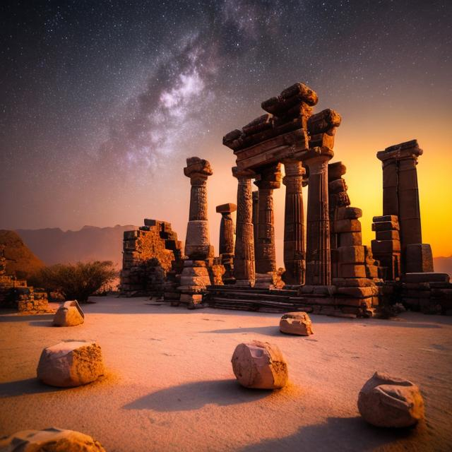 Prompt: Ruins of ancient temple in desert at midnight, moonlit, high quality, detailed, atmospheric, ancient architecture, desert landscape, moonlit ruins, mystical atmosphere, detailed textures, eerie silence, moonlit sands, ancient temple, haunting beauty