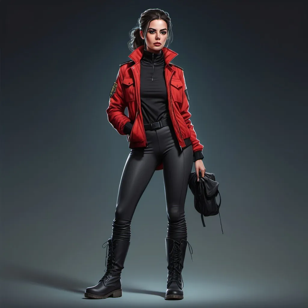 Prompt: Faça uma ilustração estilo ordem paranormal, de uma mulher de cabelos escuros e presos, usando uma calça legging preta e uma jaqueta vermeha, alem de sua bota estilo  militar
