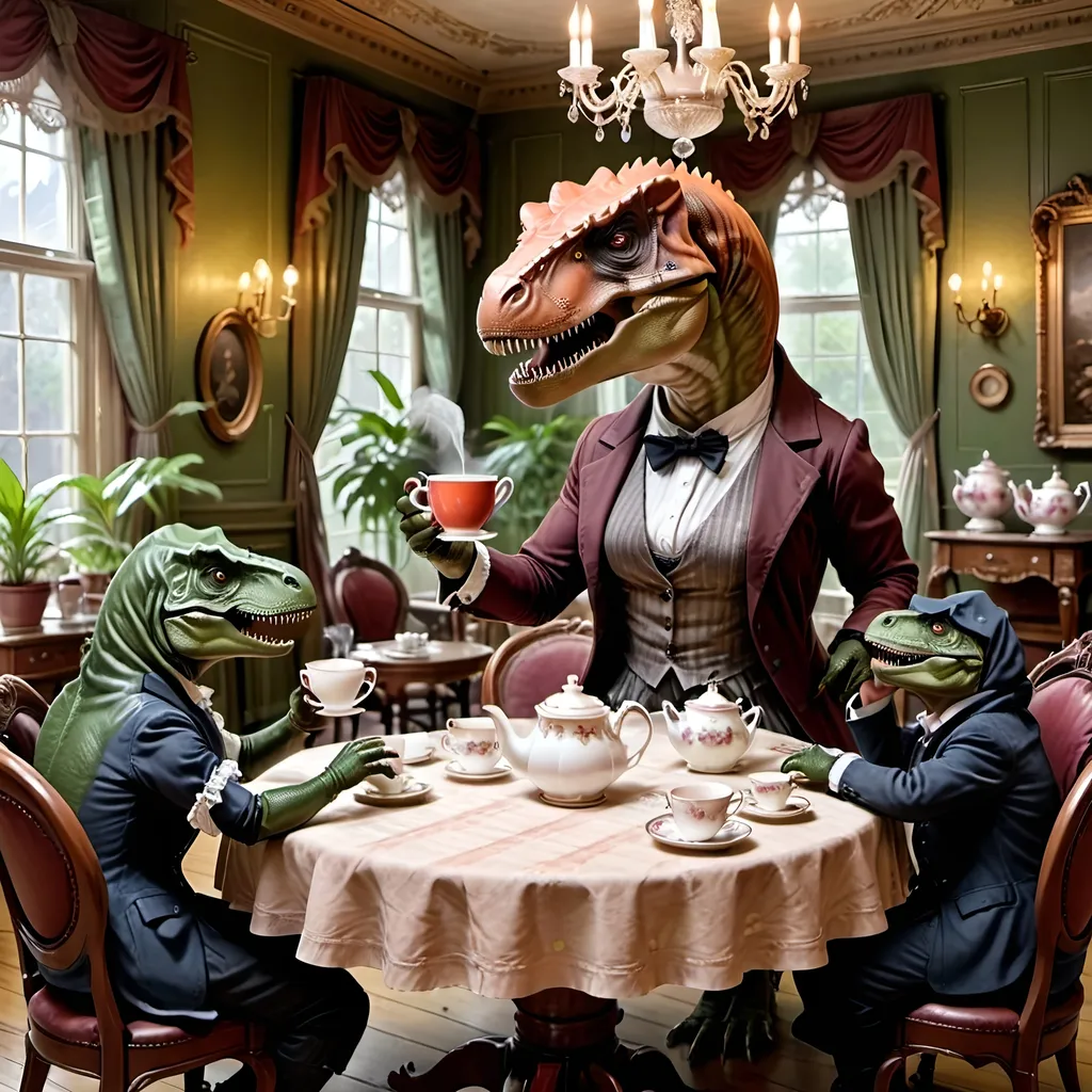 Prompt: 4 t-rex drinking tea around a round table with victorian outfits, and in a victorian style room. Not too colorful.