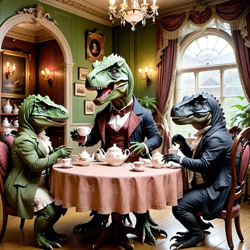 Prompt: 4 t-rex drinking tea around a round table with victorian outfits, and in a victorian style room. Not too colorful.