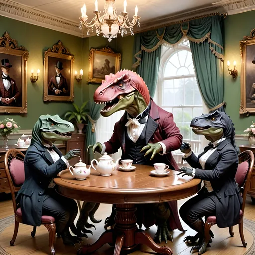 Prompt: 4 t-rex drinking tea around a round table with victorian outfits, and in a victorian style room. Not too colorful.