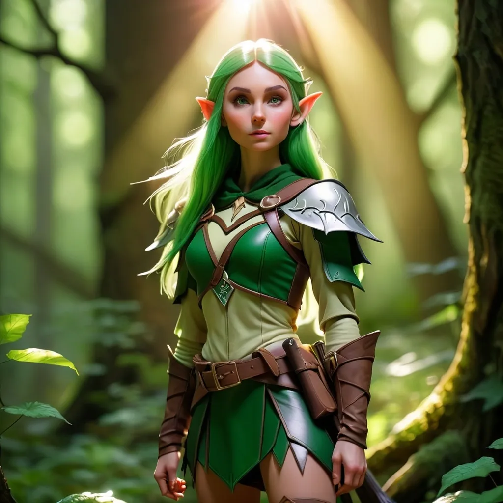 Prompt: Elf ranger in a mystical forest around sunlight